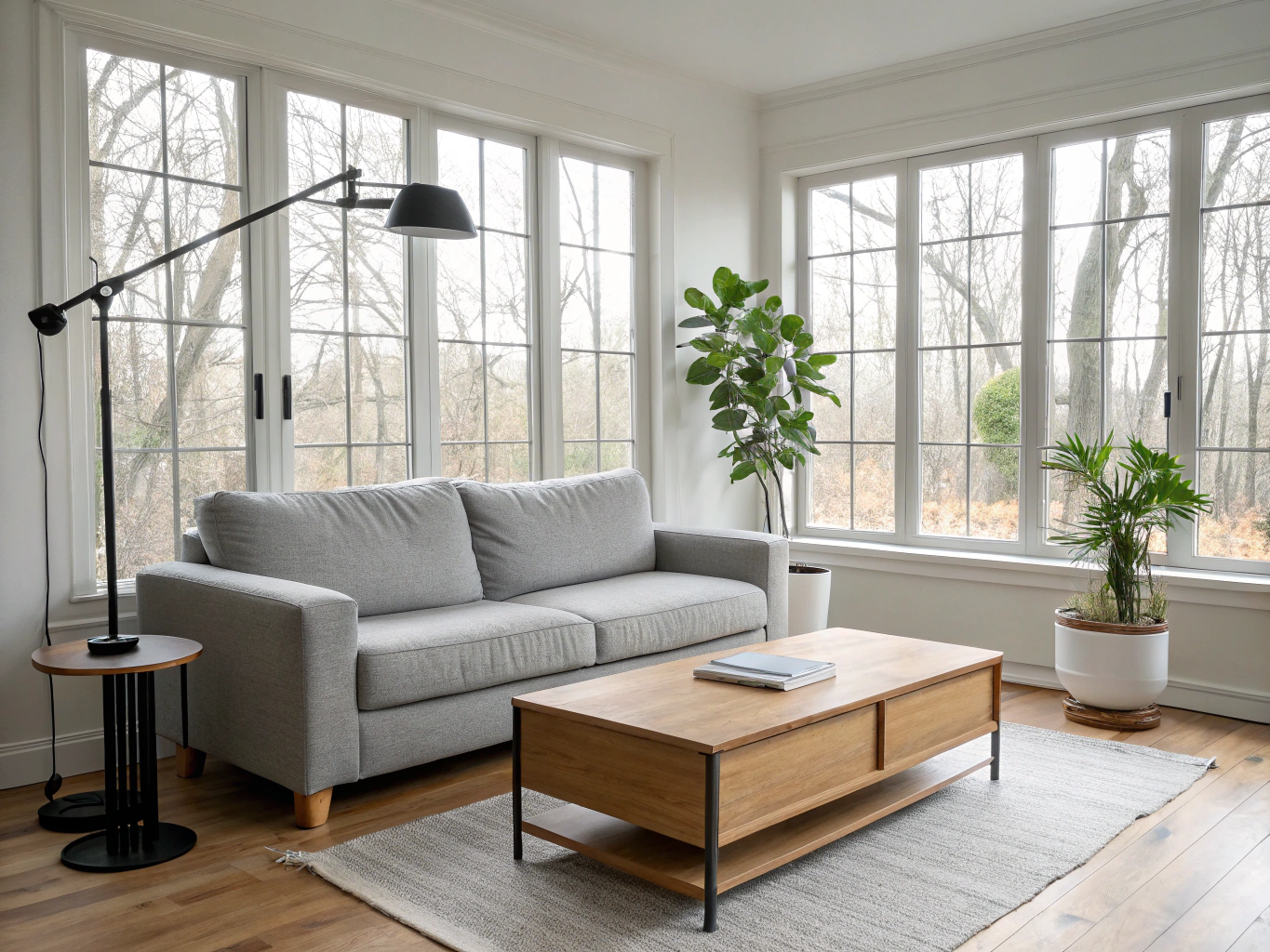 Bright Winter Park living room with white linen sofas and natural light